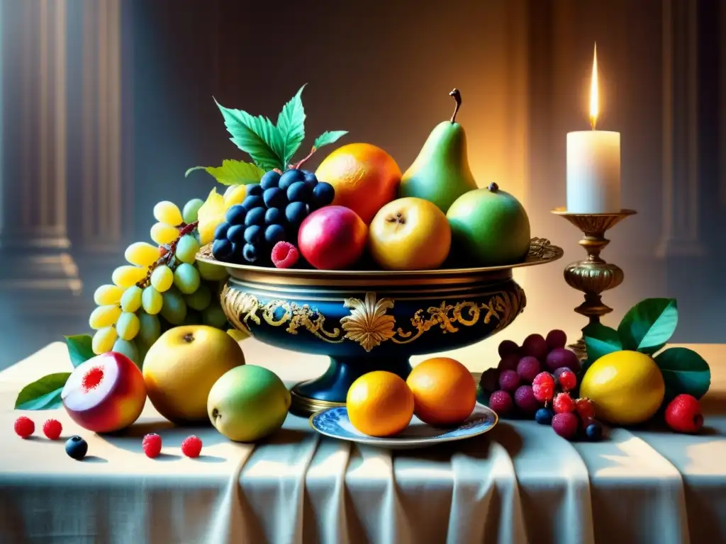 Una naturaleza muerta barroca exquisitamente detallada, con frutas, flores y objetos ornamentados en una mesa ricamente decorada