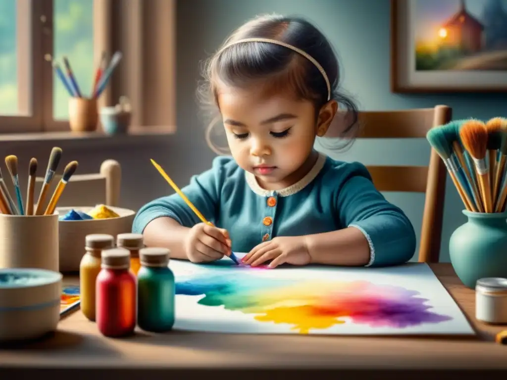 Un niño concentrado y feliz pintando en un proyecto de dibujo y pintura, rodeado de materiales artísticos