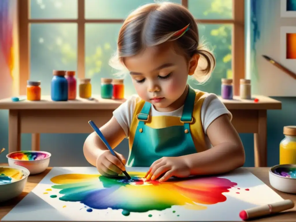 Un niño concentrado en pintura con dedos, creando una colorida obra maestra en acuarela