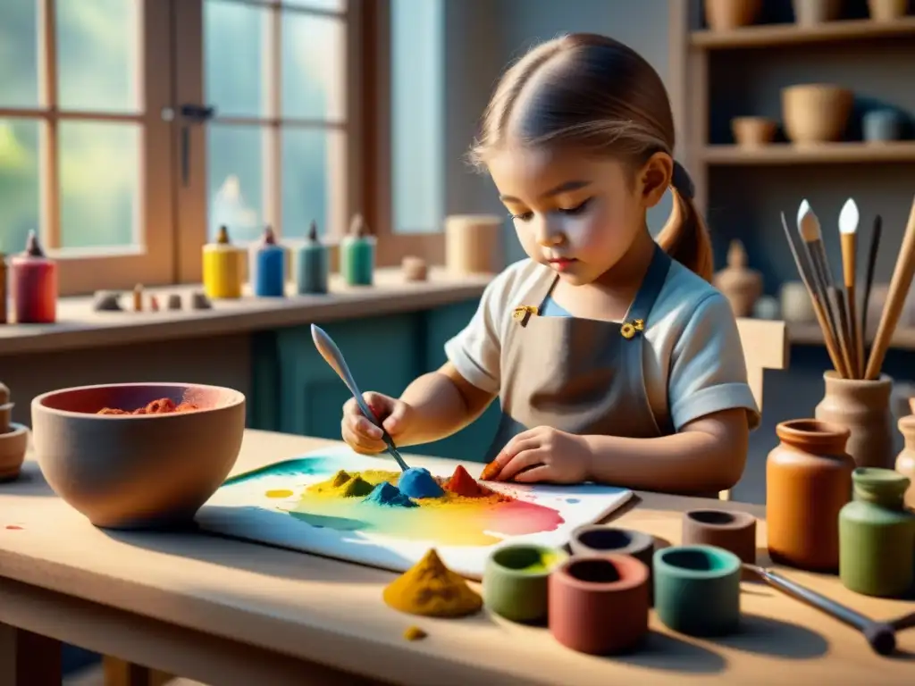 Un niño esculpe con intensa concentración en un estudio luminoso, capturando la esencia de la percepción espacial en escultura