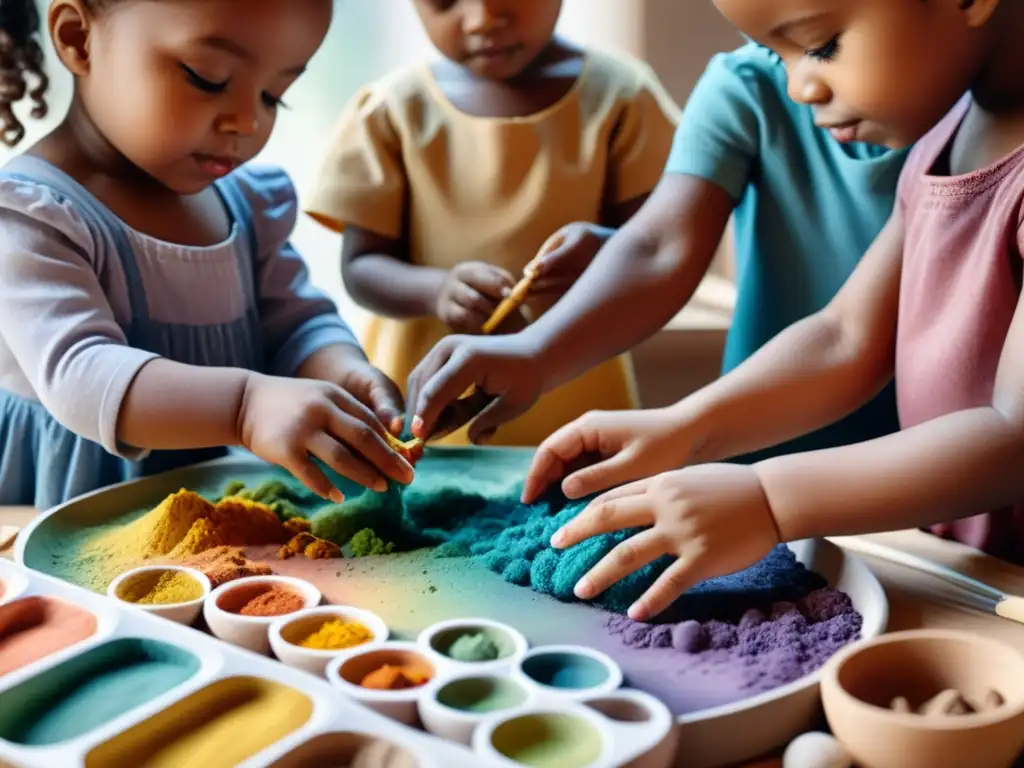 Niños explorando arte táctil con curiosidad y asombro, rodeados de materiales sensoriales diversos