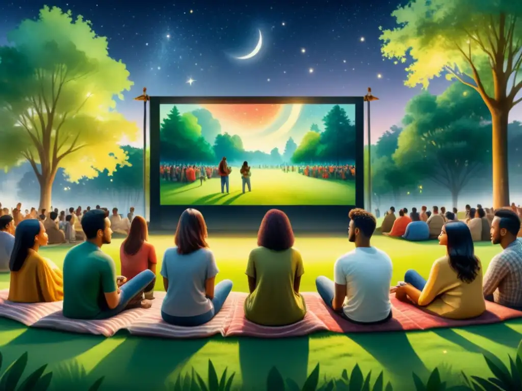 Una noche mágica de cine comunitario educación artística, gente diversa disfruta juntos bajo las estrellas en un parque vibrante