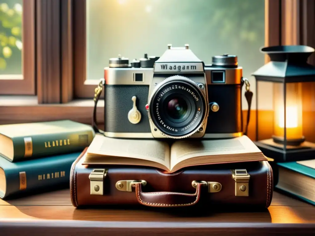 Una nostálgica escena de técnicas de fotografía analógica narrativa visual, con una cámara vintage, rollos de película, una vieja bolsa de cuero y libros de fotografía desgastados, bañados en suave luz cálida