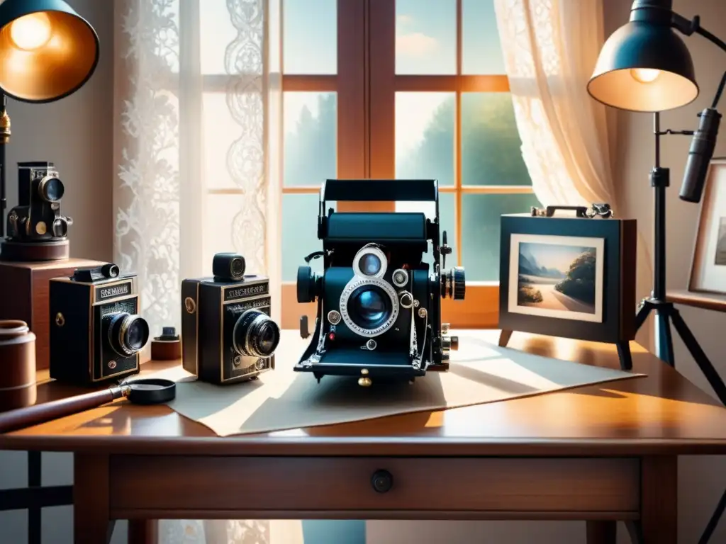 Un rincón nostálgico de fotografía analógica: mesa con cámara, rollos de film y pinceles, iluminado por el sol