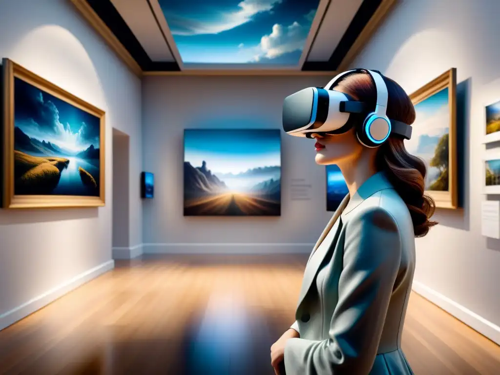 Una obra en acuarela que fusiona un casco de Realidad Virtual con una galería de arte clásico, mostrando arte interactivo en Realidad Virtual