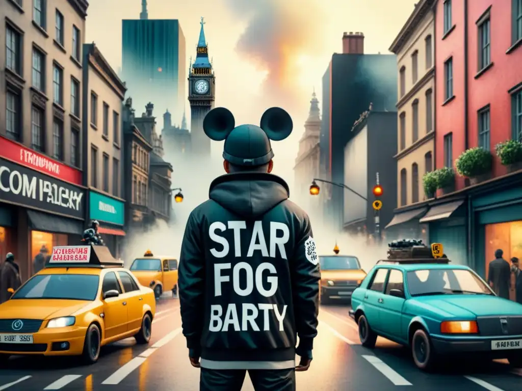 Ina obra acuarela detalla ciudad caótica, grafitis icónicos Banksy