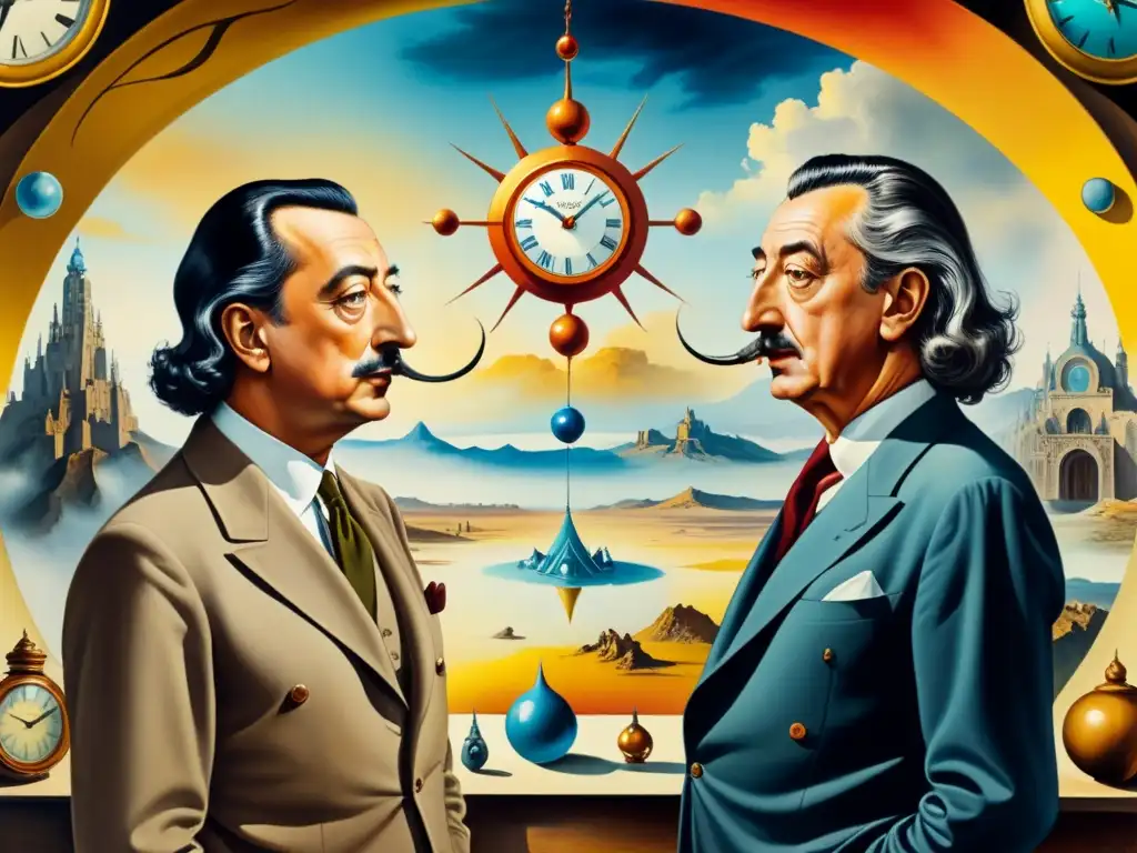 Obra acuarela detallada con Dalí y Breton en animada charla rodeados de elementos surrealistas