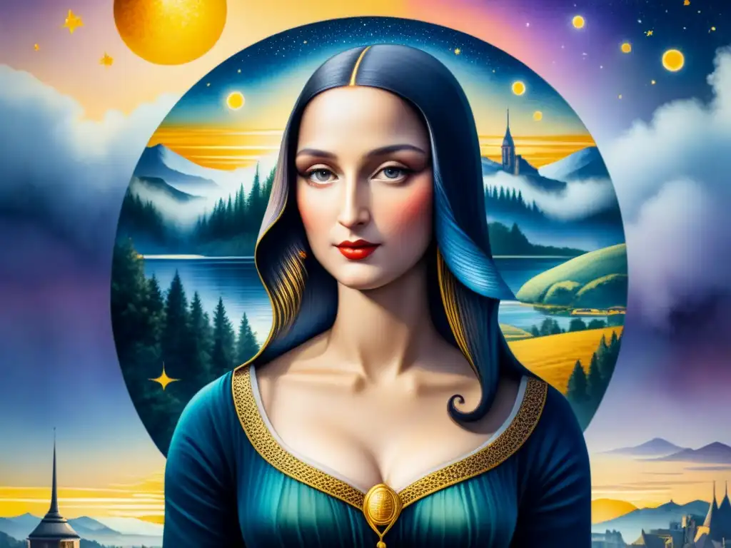 Una obra de acuarela detallada que fusiona clásicos como la Mona Lisa y La Noche Estrellada con interpretaciones abstractas modernas