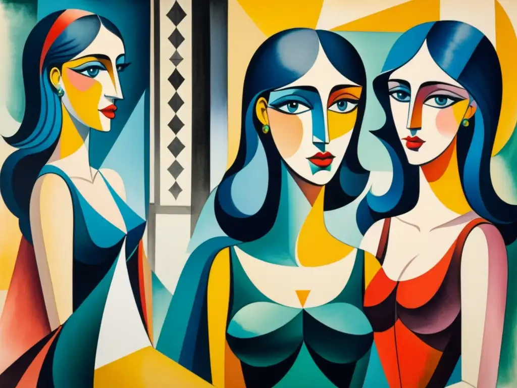 Una obra de acuarela detallada de 'Les Demoiselles d'Avignon' de Picasso, redefiniendo la perspectiva en el cubismo con colores y formas audaces