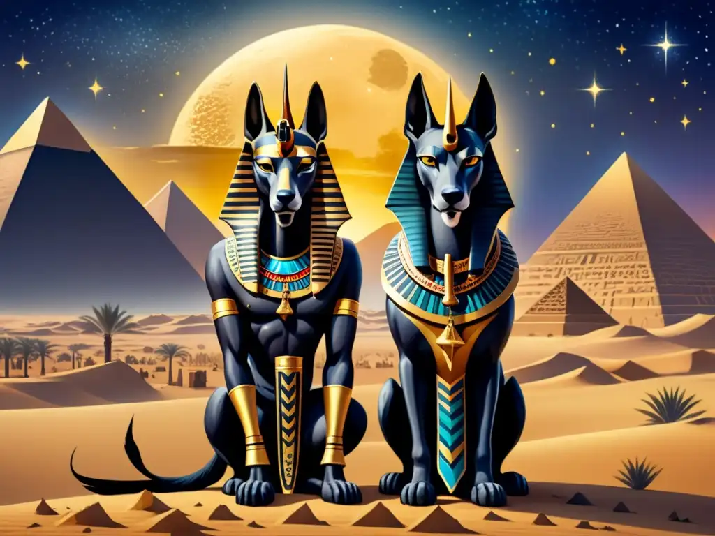 Obra acuarela detallada del dios egipcio Anubis en un paisaje desértico estrellado, rodeado de elementos simbólicos de la muerte