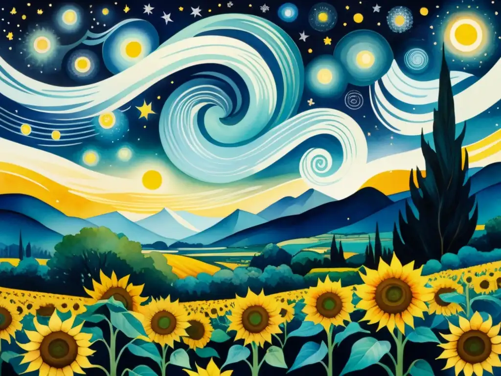 Obra acuarela detallada con influencia de Van Gogh en el Modernismo: cielo estrellado vibrante, girando, con toques abstractos y colores contrastantes