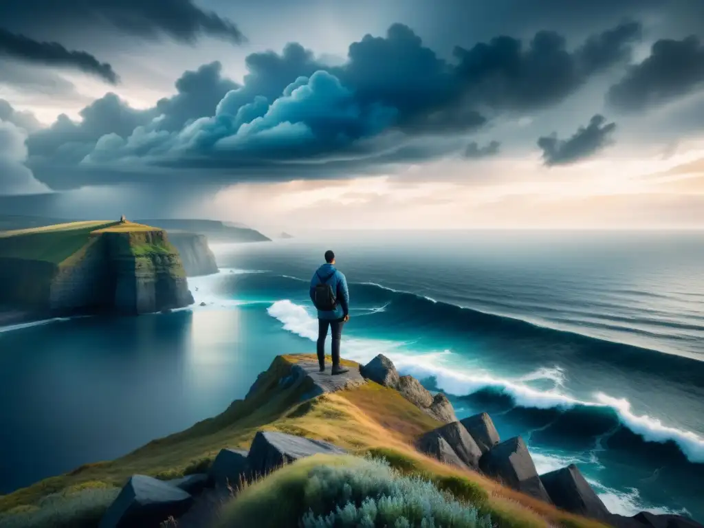 Obra acuarela: figura solitaria en acantilado, contemplando el mar turbulento bajo nubes de tormenta