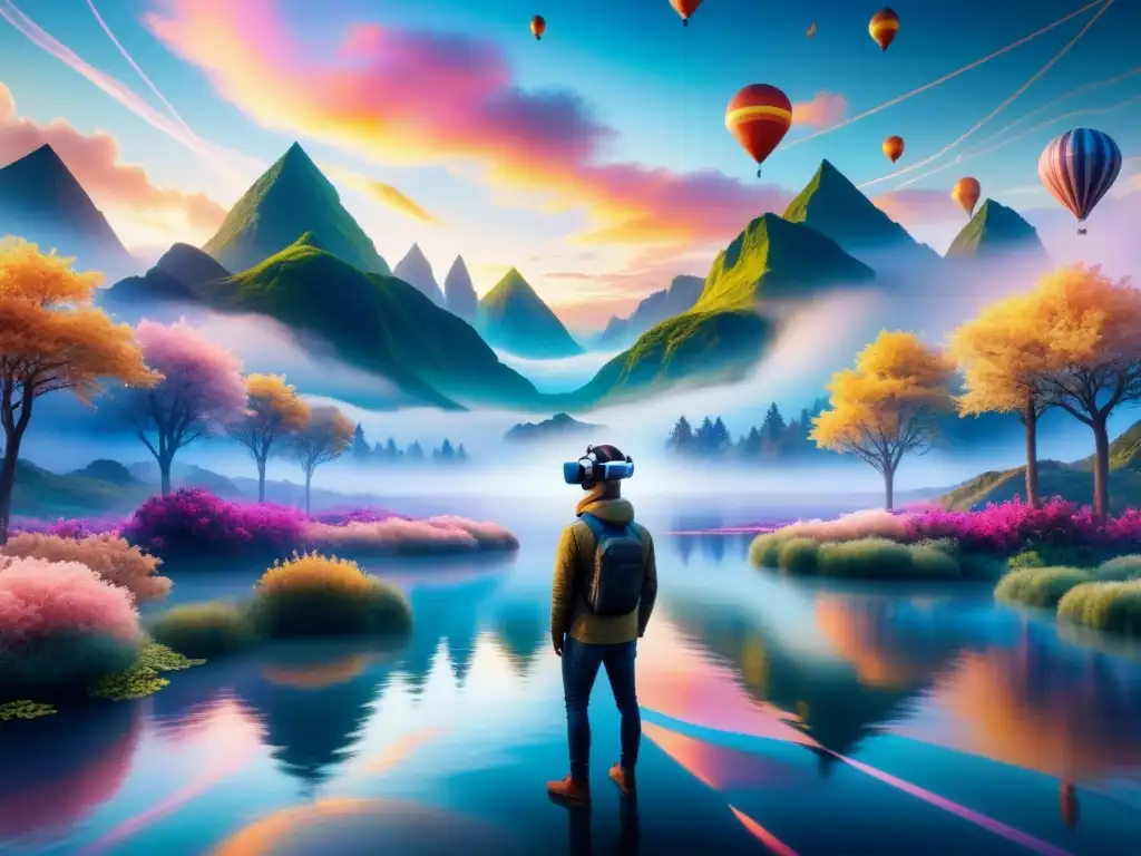 Obra acuarela detalla instalaciones arte visual realidad virtual, paisaje surrealista colores vibrantes formas geométricas flotando en el aire