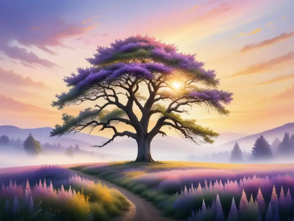 Obra de acuarela de un solitario árbol entre un prado vibrante en tonos pastel, ideal para proyectos de dibujo y pintura