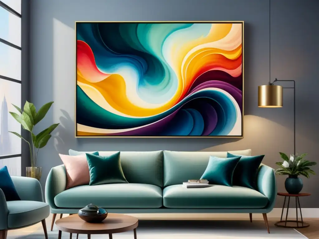 Una obra de arte abstracta vibrante con impacto inmediato, colores intensos y elegante marco dorado en galería