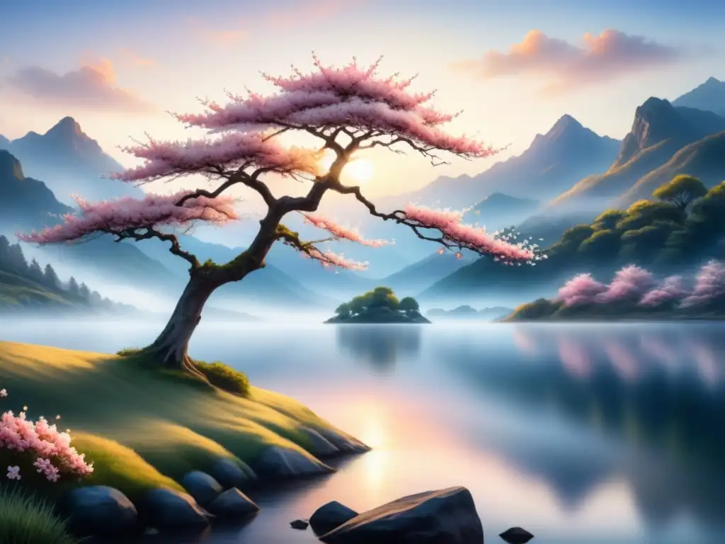 Obra de arte en acuarela: árbol de cerezo en flor solitario, montañas brumosas y lago tranquilo al atardecer