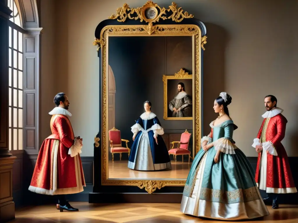 Retrato acuarela de Velázquez en el espejo Obra de arte acuarela detallada de Velázquez frente a un espejo, reflejando la corte española en Barroco