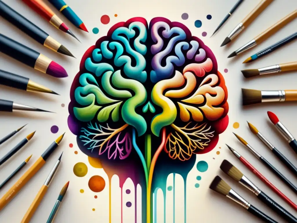 Sinapsis artística: la fusión entre cerebro y arte Obra de arte acuarela detallada con cerebro y herramientas artísticas, fusionando artes visuales y ciencias cognitivas