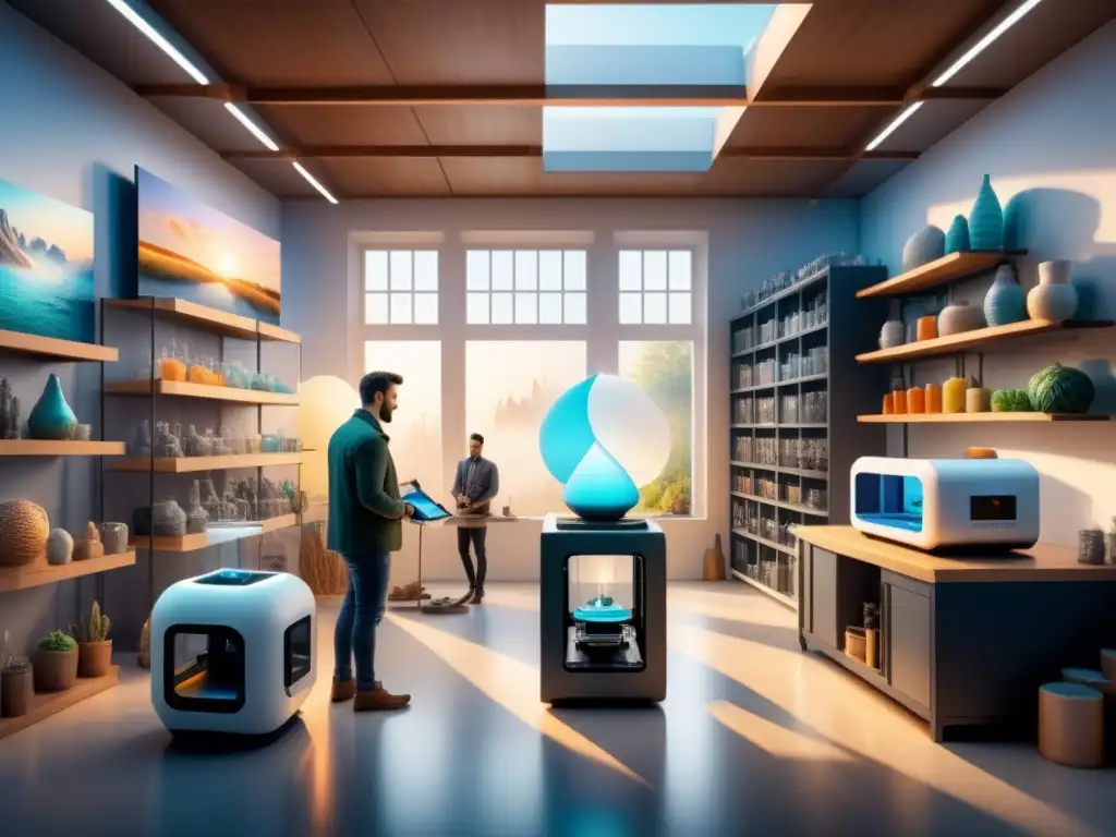 Estudio de arte futurista: fusión de tecnología y creatividad Una obra de arte en acuarela detallada que muestra un estudio de arte futurista con impresión 3D en arte visual