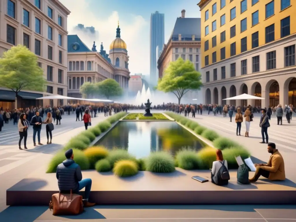Escena urbana: arte público diverso en plaza vibrante Una obra de arte en acuarela detallada de una gran instalación de arte público en una bulliciosa plaza de la ciudad, donde personas diversas interactúan con la escultura de formas únicas