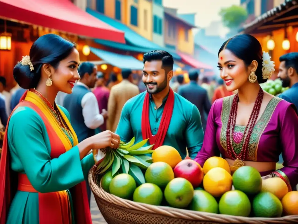 Obra de arte acuarela muestra diversidad cultural en vibrante mercado