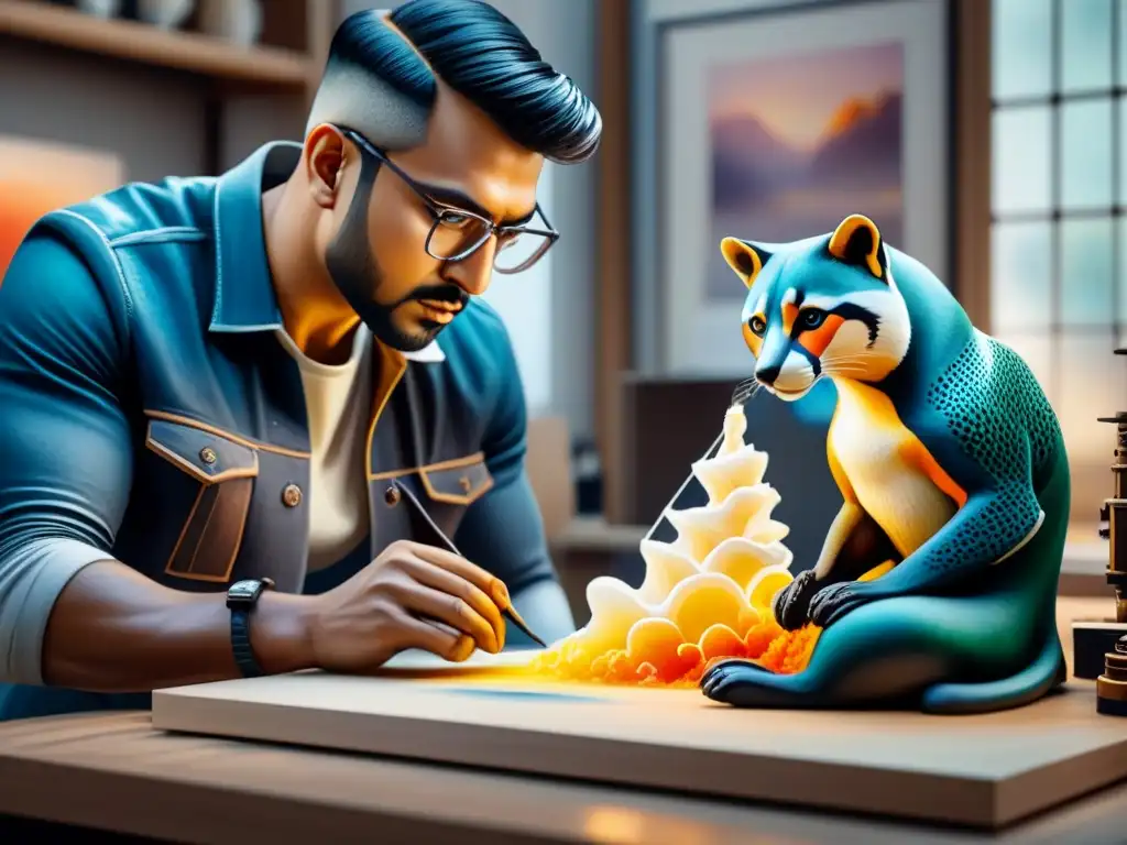 Artista crea escultura con impresora 3D Una obra de arte en acuarela detalla a un escultor creando con precisión una escultura a través de una impresora 3D
