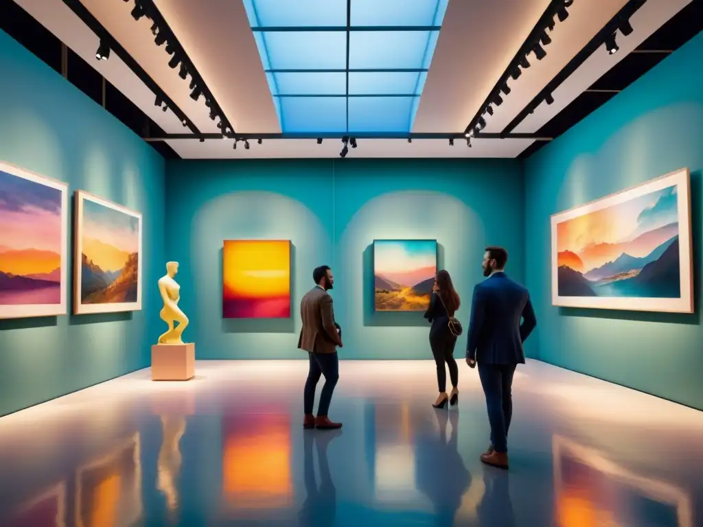 Obra de arte acuarela de una galería con esculturas abstractas y luces coloridas, creando una experiencia inmersiva de arte moderno