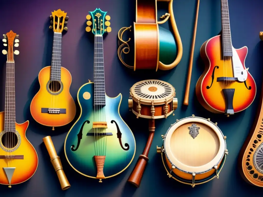 Una obra de arte acuarela que muestra la evolución de instrumentos musicales a lo largo de la historia, desde antiguos tambores y flautas, pasando por laúdes medievales y arpas, hasta llegar a sintetizadores modernos y guitarras eléctricas