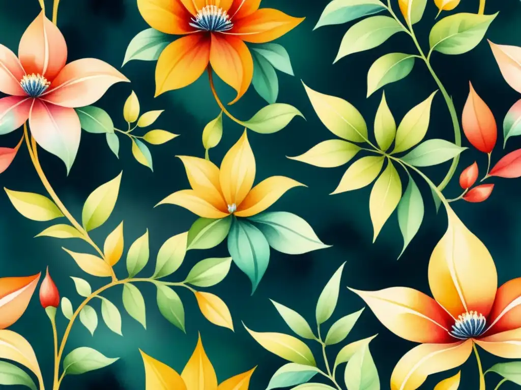 Una obra de arte en acuarela que fusiona modernismo en moda textil arte con patrones vibrantes y sofisticados