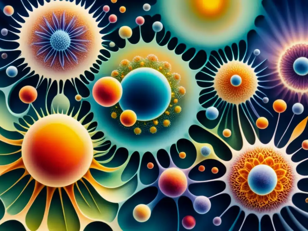 Una obra de arte acuarela ultradetallada que fusiona microestructuras con colores vibrantes y destellos de luz, inspirando a artistas visuales