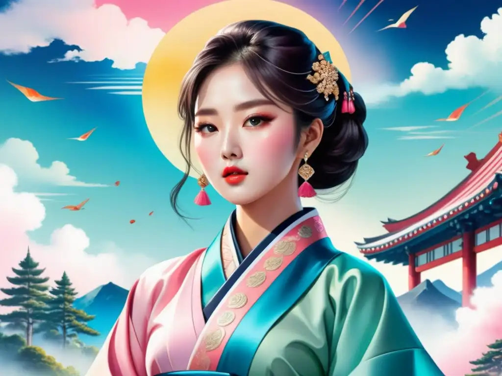 Una obra de arte acuarela vibrante fusionando elementos del arte tradicional coreano con símbolos de la cultura pop, como hanbok con accesorios de KPop