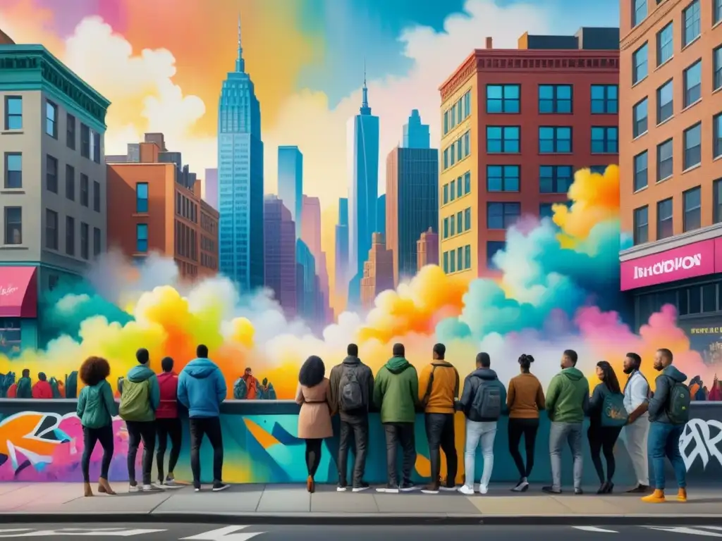 Murales urbanos: unión de culturas en arte vibrante Una obra de arte callejero en galerías al aire libre donde personas diversas crean un mural vibrante
