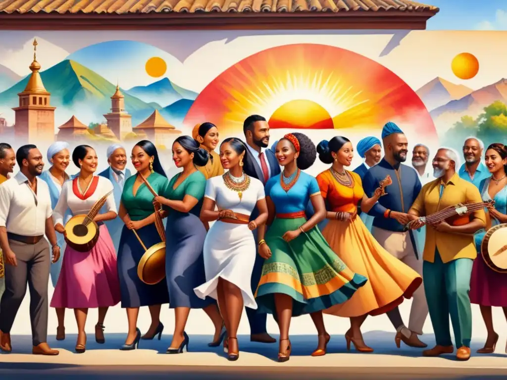 Una obra de arte comunitario que celebra la preservación del patrimonio cultural, con diversos miembros creando un mural vibrante que representa danzas tradicionales, instrumentos musicales y lugares históricos en armoniosos colores