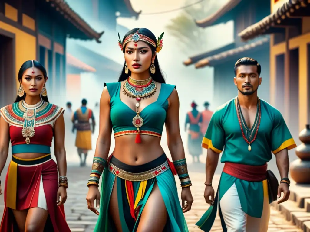 Una obra de arte contemporáneo en América Latina fusionando motivos indígenas con elementos modernos en acuarela detallada