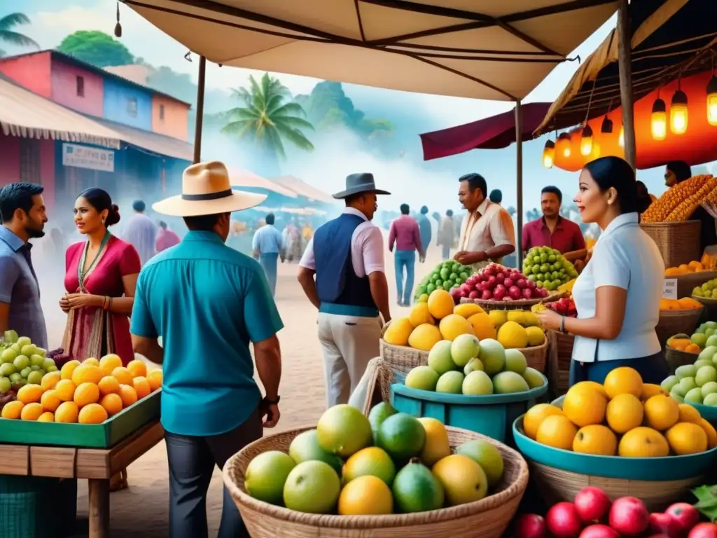 Obra de arte contemporáneo latinoamericano que preserva el patrimonio cultural en un bullicioso mercado lleno de colores y vida