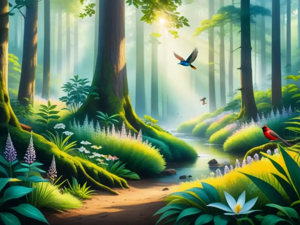 Cuadro acuarela: bosque vibrante lleno de vida y color Una obra de arte detallada con colores vibrantes que retrata la relación entre la naturaleza y la historia