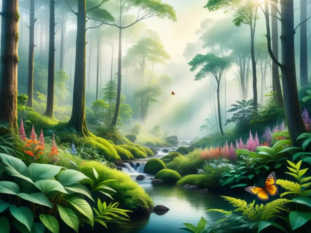 Detallada acuarela de un bosque exuberante y vibrante Obra de arte ecológico que invita a la conciencia ambiental en la intersección de la naturaleza vibrante y detallada