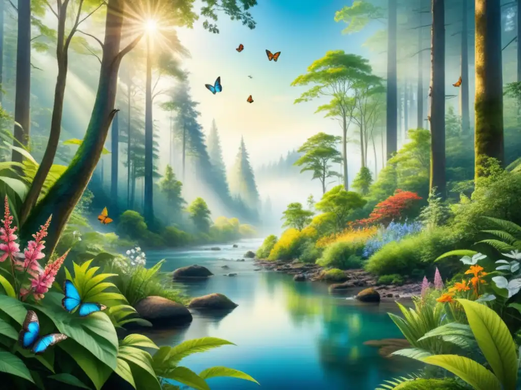 Bosque vibrante: acuarela detallada de flora y fauna en armonía Una obra de arte ecológico que muestra la intersección entre la naturaleza y la conciencia ambiental en un exuberante bosque vibrante