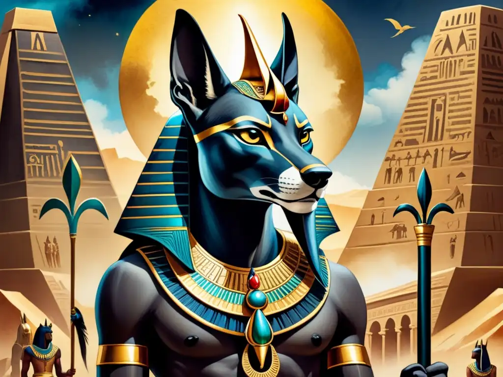 Obra de arte acuarela detallando a Anubis, dios egipcio, con atuendo negro y dorado, símbolos de muerte y justicia