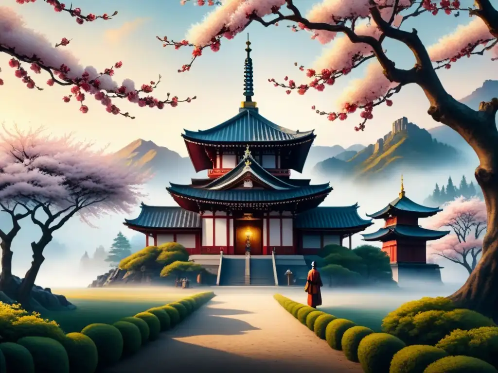 Una obra de arte que fusiona estilos orientales y occidentales en una pintura detallada y armoniosa