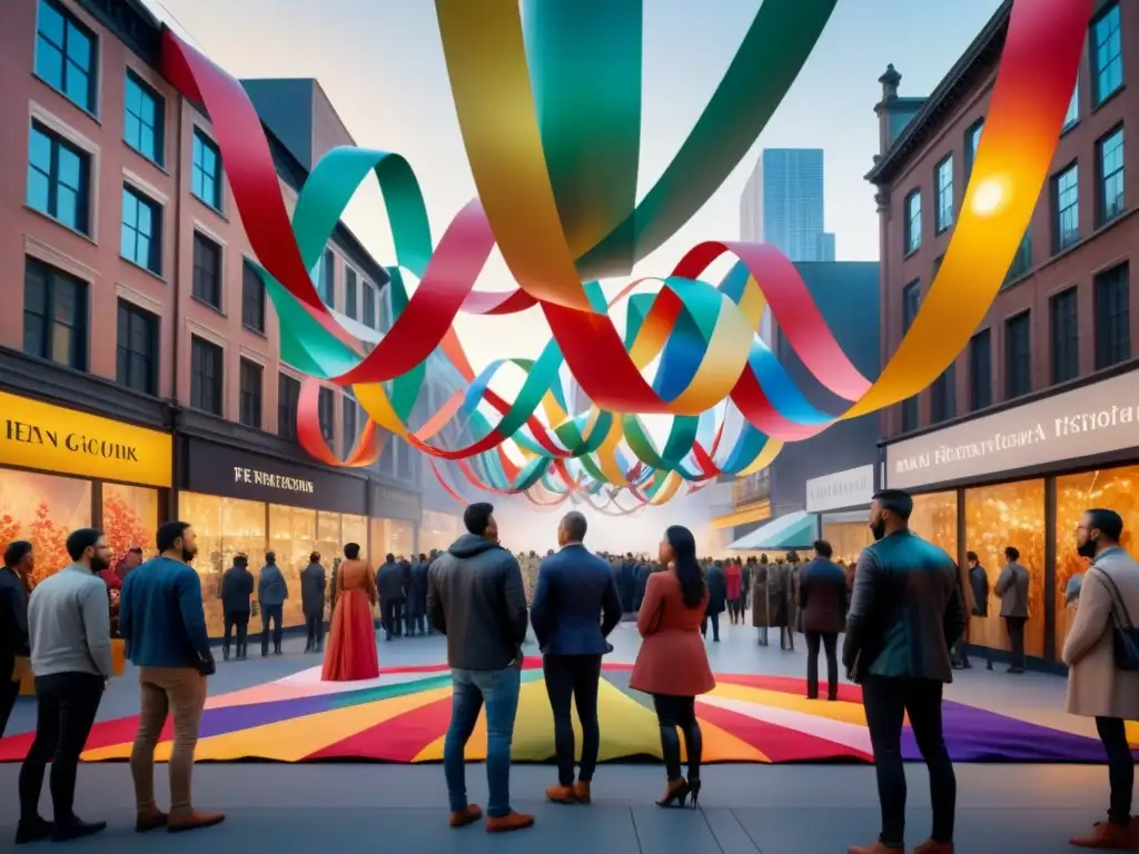 Una obra de arte instalativo en América del Norte con esculturas gigantes y cintas de colores en una plaza de la ciudad