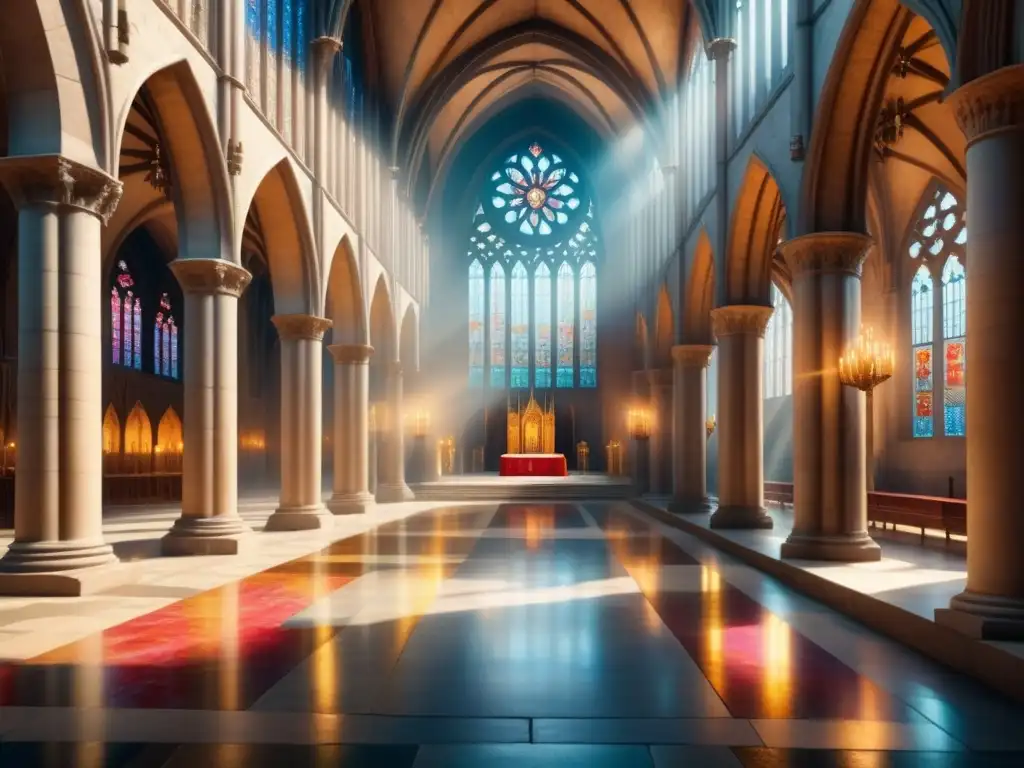 Obra de arte medieval simbolizando luz y fe en catedral iluminada por vitrales