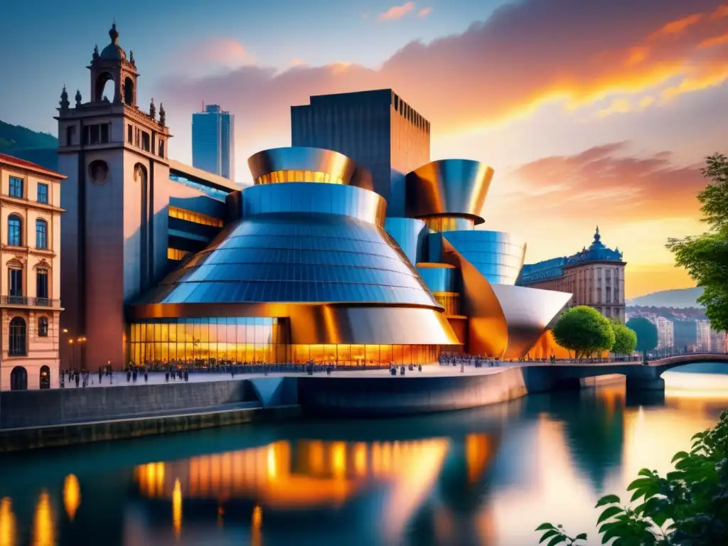 Obra de arte acuarela del Museo Guggenheim en Bilbao durante un atardecer vibrante