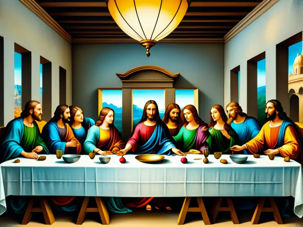 Obra de arte renacentista: detallada representación de 'La Última Cena' de Leonardo da Vinci con colores vibrantes y expresiones emocionales