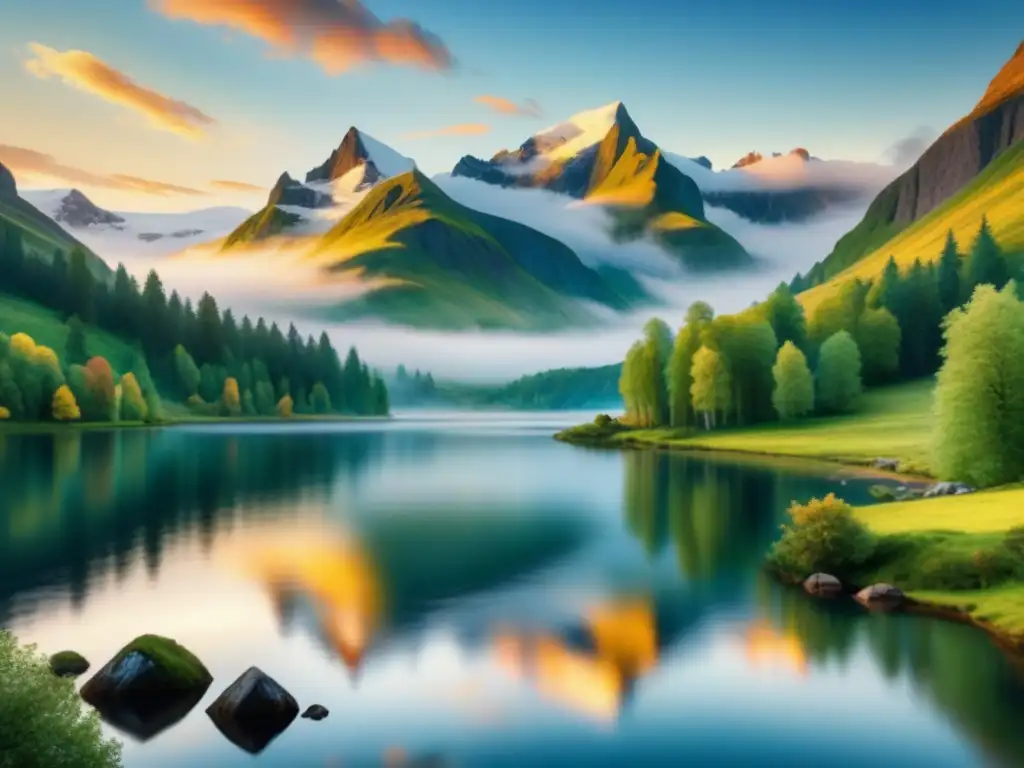 Obra de arte renacimiento nórdico técnicas visuales: paisaje sereno con figuras renacentistas observando al artista crear una obra maestra en acuarela