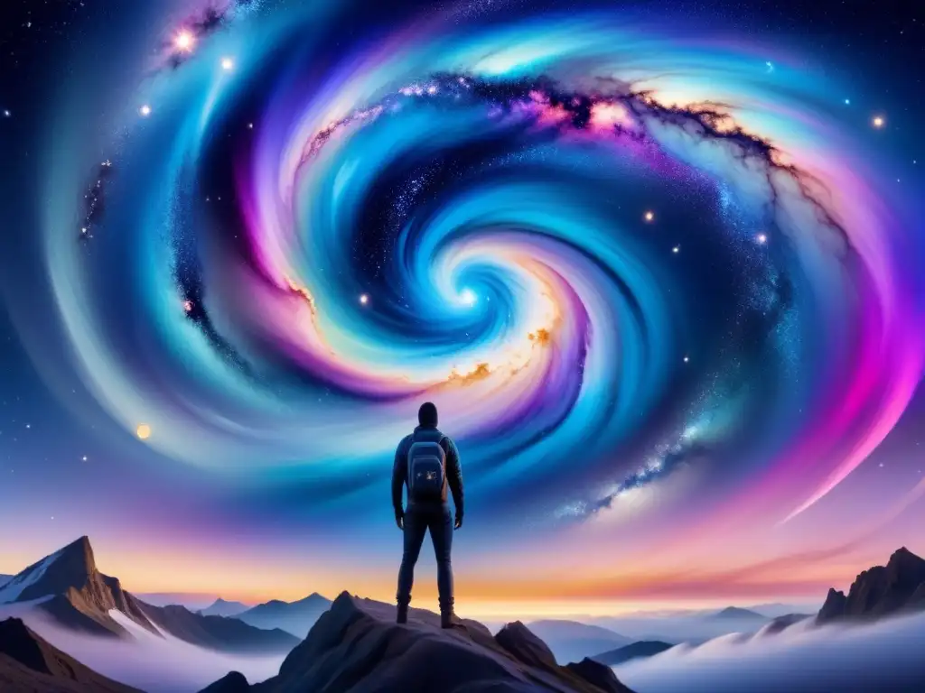 Una obra de arte con resonancia emocional: figura solitaria abrazando la belleza cósmica de una galaxia vibrante