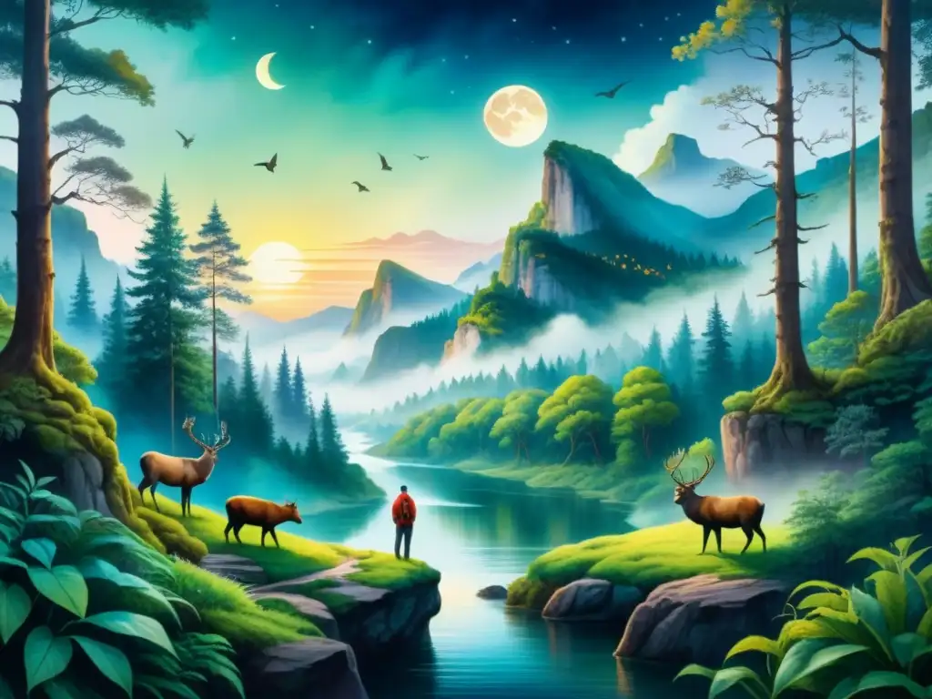 Obra de arte acuarela con significado símbolos arte clásico: paisaje sereno con animales, río y figura solitaria en acantilado