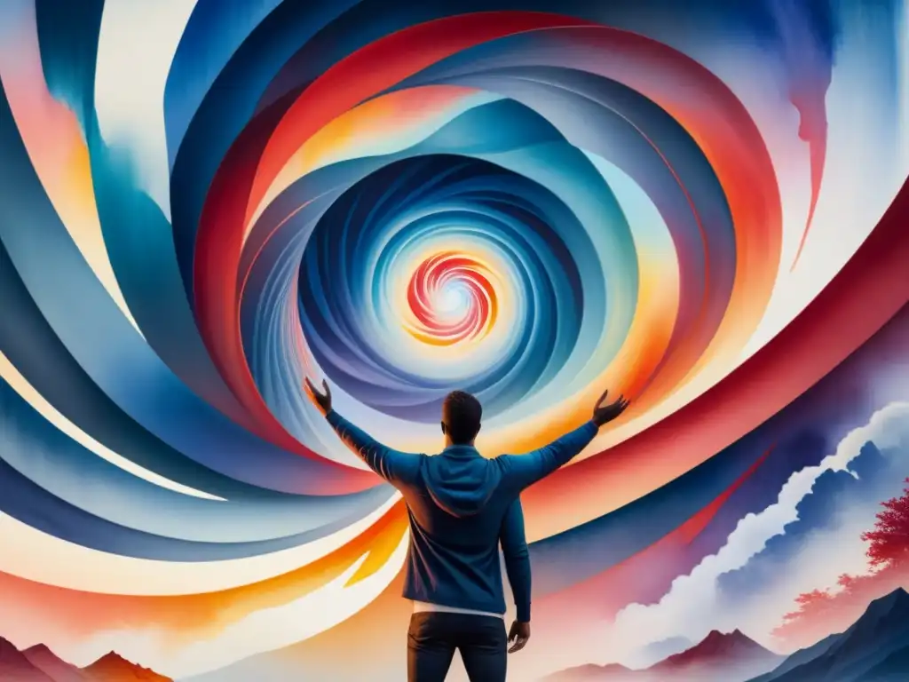 Obra de arte: figura solitaria frente a un torbellino de emociones vibrantes