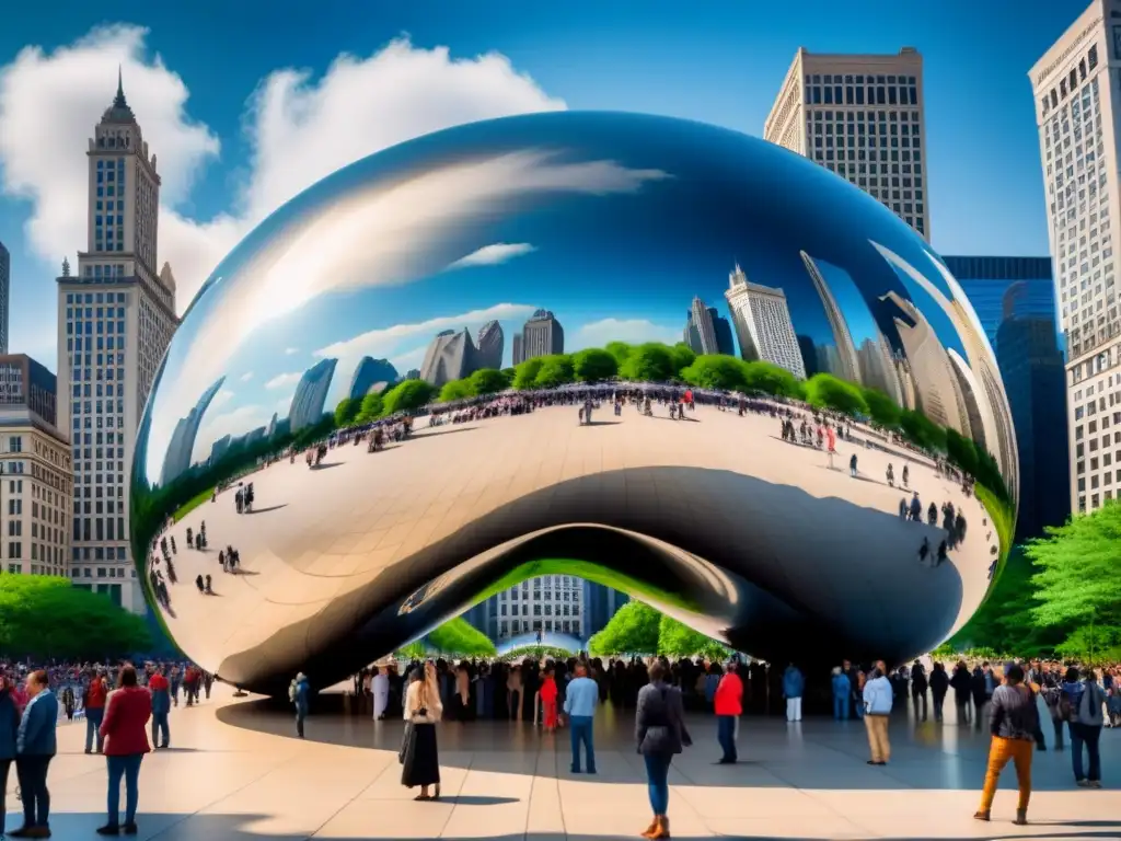 Una obra de arte visual contemporáneo detallada de 'The Bean' en Chicago, reflejando el skyline de la ciudad y una multitud diversa bajo un cielo azul