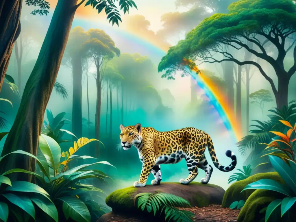 Obra de arte visual de realismo mágico: jaguar iridiscente en exuberante selva vibrante